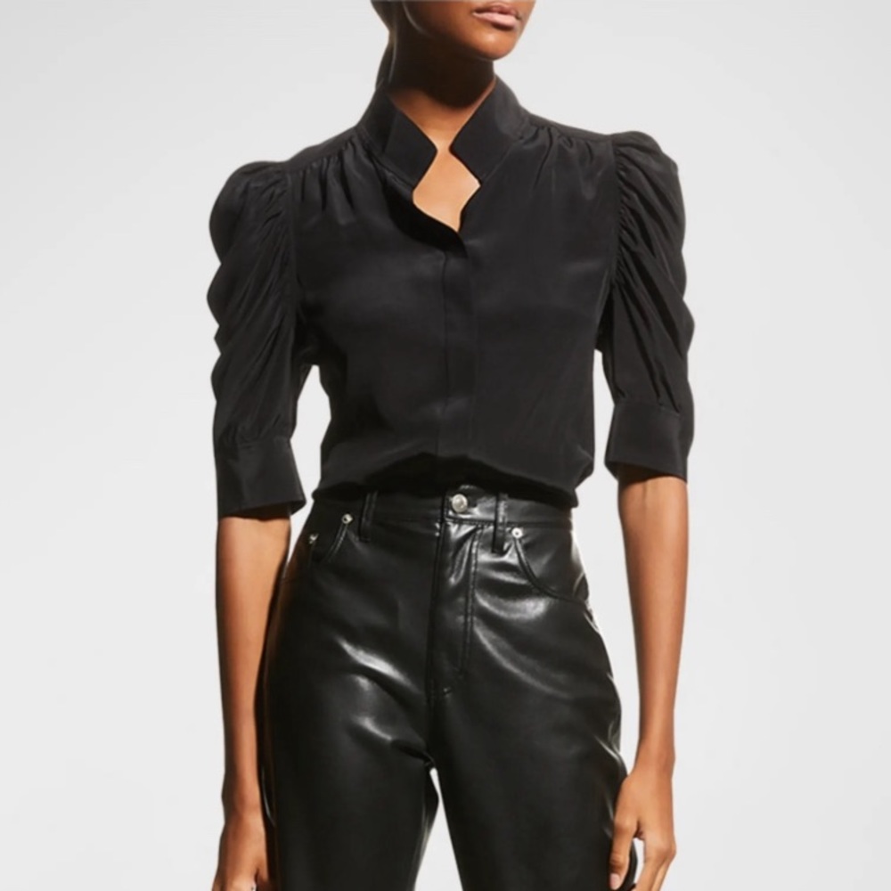 FRAME Denim Gillian Silk Collared Puff Sleeve Blouse